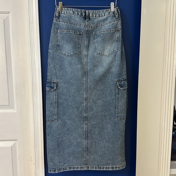 Juniors Love Fire Skirt Blue Denim Front Slit Straight Cargo Pockets Skirt Sz 5 - Picture 6 of 7